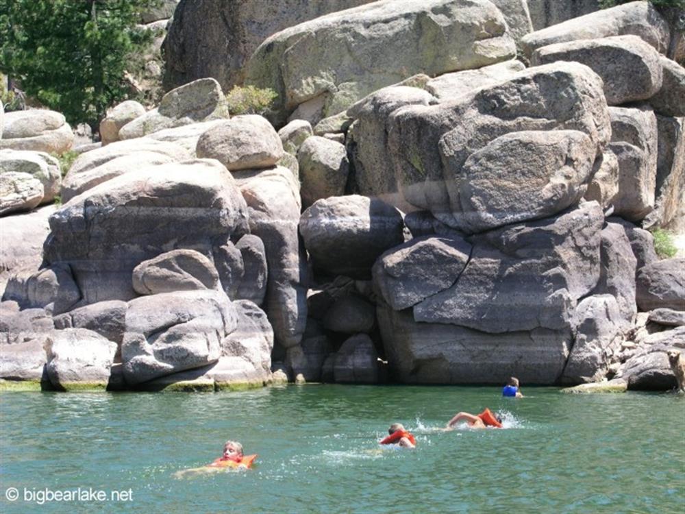 Swimming to the rocks near the dam