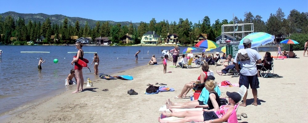 Swimmers enjoying the swim beach at Meadow Park Big Bear Lake