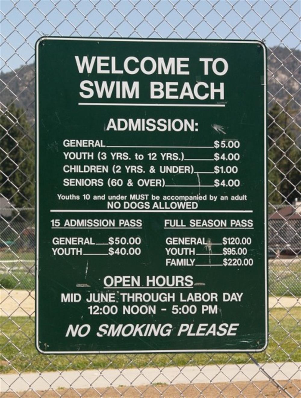 Rates for the Swim Beach Big Bear